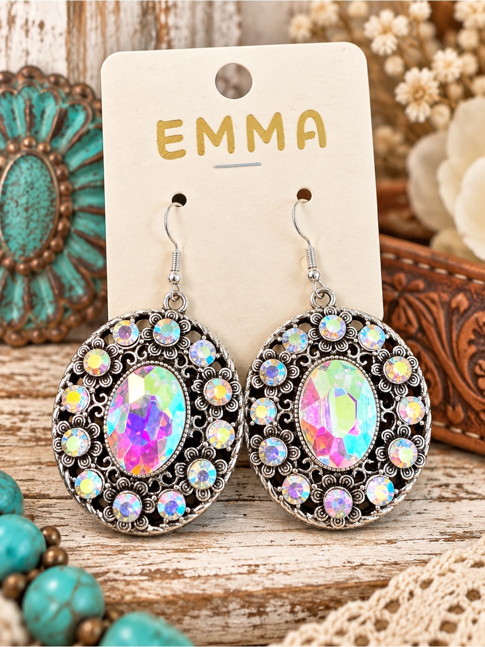 EMMA Iridescent Rhinestone Silver Western Statement Earrings